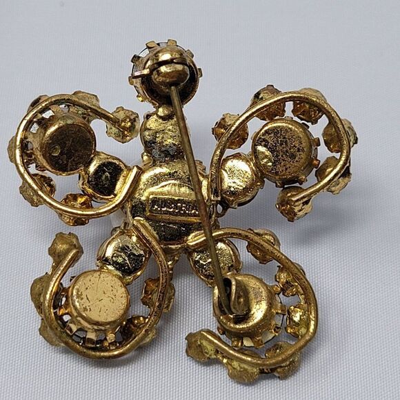 Vintage Signed Austrian Crystal Butterfly Pin Brooch AB Blue Faux Pearl Center - Picture 4 of 9